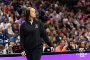 Atlanta Vibe head coach Kayla Bandworth watches the action on the court against the Omaha Supernovas during a professional volleyball match on Thursday, Feb. 26, 2026, in Omaha, Nebraska. Photo by John S. Peterson.