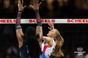 Omaha Supernovas Brooke Nuneviller (5) spikes the ball against the Atlanta Vibe during a professional volleyball match on Thursday, Feb. 26, 2026, in Omaha, Nebraska. Photo by John S. Peterson.