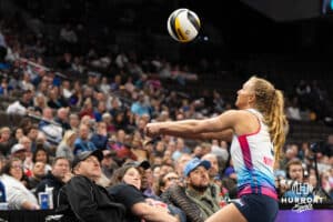 Omaha Supernova Brooke Nuneviller (5) saves a ball during a major league volleyball match against the Atlanta Vibe on Feb 26, 2026, in Omaha, Nebraska. Photo by Brandon Tiedemann