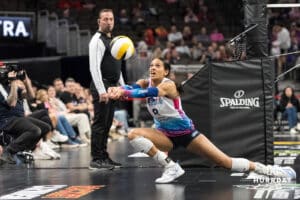 Omaha Supernova Reagan Cooper (8) dives for a ball during a major league volleyball match against the Atlanta Vibe on Feb 26, 2026, in Omaha, Nebraska. Photo by Brandon Tiedemann