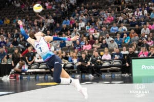 Omaha Supernova Norah TeBrake (7) dives for a ball during a major league volleyball match against the Atlanta Vibe on Feb 26, 2026, in Omaha, Nebraska. Photo by Brandon Tiedemann