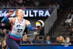 Omaha Supernova Emily Londot (27) serves during a major league volleyball match against the Atlanta Vibe on Feb 26, 2026, in Omaha, Nebraska. Photo by Brandon Tiedemann
