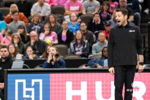 Omaha Supernova head coach Luka Slabe yells a ball is out during a major league volleyball match against the Atlanta Vibe on Feb 26, 2026, in Omaha, Nebraska. Photo by Brandon Tiedemann