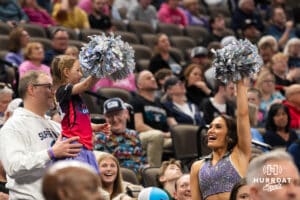 Omaha Supernova Hype Squad member cheers with a young fan during a major league volleyball match against the Atlanta Vibe on Feb 26, 2026, in Omaha, Nebraska. Photo by Brandon Tiedemann