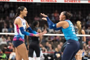 Omaha Supernova Reagan Cooper (8) and Elena Oglivie (22) high five during a major league volleyball match against the Atlanta Vibe on Feb 26, 2026, in Omaha, Nebraska. Photo by Brandon Tiedemann