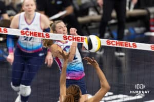 Omaha Supernovas Sydney Hilley (2) dumps the ball against the Atlanta Vibe during a professional volleyball match on Thursday, Feb. 26, 2026, in Omaha, Nebraska. Photo by John S. Peterson.