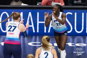Omaha Supernovas Toyosi Onabanjo (21) and Emily Londot (27) celebrate a point against Atlanta Vibe during a professional volleyball match on Thursday, Feb. 26, 2026, in Omaha, Nebraska. Photo by John S. Peterson.