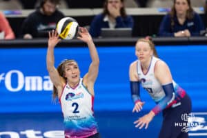 Omaha Supernovas Sydney Hilley (2) sets the ball against the Atlanta Vibe during a professional volleyball match on Thursday, Feb. 26, 2026, in Omaha, Nebraska. Photo by John S. Peterson.