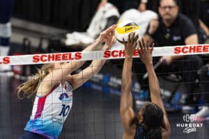 Omaha Supernovas Kiara Reinhardt (10) joust against Atlanta Vibe Phoebe Awoleye (27) during a professional volleyball match on Thursday, Feb. 26, 2026, in Omaha, Nebraska. Photo by John S. Peterson.