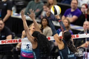 Omaha Supernovas Brooke Nuneviller (5) spike the ball against the Atlanta Vibe during a professional volleyball match on Thursday, Feb. 26, 2026, in Omaha, Nebraska. Photo by John S. Peterson.