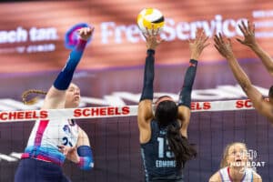 Omaha Supernovas Emily Londot (27) spikes the ball against the Atlanta Vibe during a professional volleyball match on Thursday, Feb. 26, 2026, in Omaha, Nebraska. Photo by John S. Peterson.