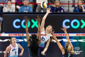 Omaha Supernovas Kiara Reinhardt (10) spikes the ball against the Atlanta Vibe during a professional volleyball match on Thursday, Feb. 26, 2026, in Omaha, Nebraska. Photo by John S. Peterson.