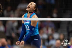 Omaha Supernova Elena Oglivie (22) celebrates a kill against the Atlanta Vibe in the first set during a professional volleyball match on Thursday, Feb. 26, 2026, in Omaha, Nebraska. Photo by John S. Peterson.