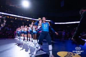 Omaha Supernova Elena Oglivie (22) throws out a mini volleyball when introduced to the fans before taking on the Atlanta Vibe during a professional volleyball match on Thursday, Feb. 26, 2026, in Omaha, Nebraska. Photo by John S. Peterson.