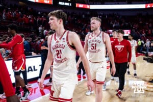 Nebraska Cornhuskers Pryce Sandfort (21) and Rienk Mast (51) head to the locker room after the win over the Maryland Terrapins during a college basketball game on Wednesday, Feb. 25, 2026, in Lincoln, Nebraska.