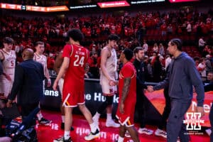 Nebraska Cornhusker forward Berke Büyüktuncel (9) leads the Huskers through the hand shake line after the win over the Maryland Terrapins during a college basketball game on Wednesday, Feb. 25, 2026, in Lincoln, Nebraska.