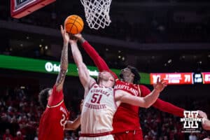 Nebraska Cornhusker forward Rienk Mast (51) reaches for the ball against the Maryland Terrapins in the second half during a college basketball game on Wednesday, Feb. 25, 2026, in Lincoln, Nebraska.