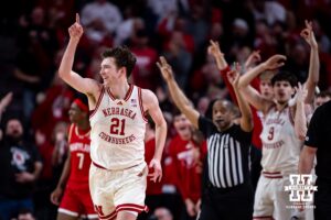 Nebraska Cornhusker forward Pryce Sandfort (21) celebrates making a three-point basket against the Maryland Terrapins in the second half during a college basketball game on Wednesday, Feb. 25, 2026, in Lincoln, Nebraska.