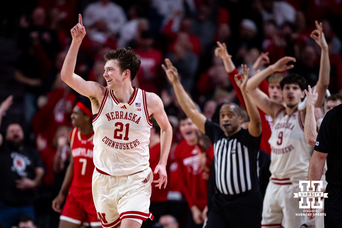 Nebraska Cornhusker forward Pryce Sandfort (21) celebrates making a three-point basket against the Maryland Terrapins in the second half during a college basketball game on Wednesday, Feb. 25, 2026, in Lincoln, Nebraska.