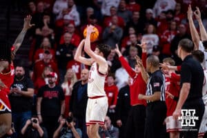 Nebraska Cornhusker forward Pryce Sandfort (21) makes a three-point basket from the corner against the Maryland Terrapins in the second half during a college basketball game on Wednesday, Feb. 25, 2026, in Lincoln, Nebraska.