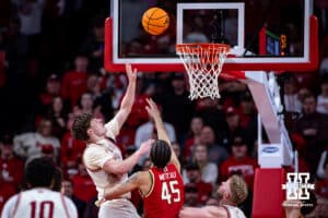 Nebraska Cornhusker forward Braden Frager (5) makes a lay up against Maryland Terrapin center Collin Metcalf (45) in the second half during a college basketball game on Wednesday, Feb. 25, 2026, in Lincoln, Nebraska.
