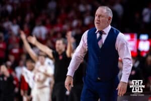 Maryland Terrapin head coach Buzz Williams walks along the sideline watching the actioin on the court as Nebraska Cornhusker head coach Fred Hoiberg reacts in the second half during a college basketball game on Wednesday, Feb. 25, 2026, in Lincoln, Nebraska.