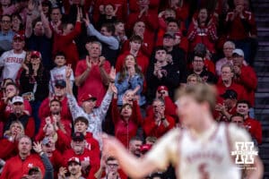 Nebraska Cornhuskers fans celebrate a basket by Braden Frager against the Maryland Terrapins in the second half during a college basketball game on Wednesday, Feb. 25, 2026, in Lincoln, Nebraska.
