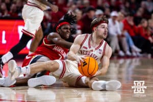 Nebraska Cornhusker guard Sam Hoiberg (1) takes the ball away from Maryland Terrapin guard Andre Mills (7) in the second half during a college basketball game on Wednesday, Feb. 25, 2026, in Lincoln, Nebraska.