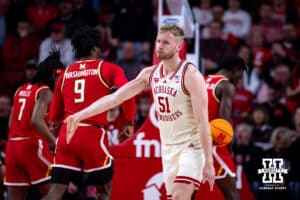 Nebraska Cornhusker forward Rienk Mast (51) reacts to a call from a referee in the second half during a college basketball game against the Maryland Terrapins on Wednesday, Feb. 25, 2026, in Lincoln, Nebraska.