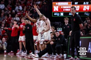 Nebraska Cornhuskers bench celebrates a three point shoot against the Maryland Terrapins in the first half during a college basketball game on Wednesday, Feb. 25, 2026, in Lincoln, Nebraska.