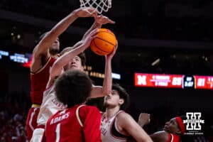 Nebraska Cornhusker forward Pryce Sandfort (21) goes for a lay up against the Maryland Terrapins in the first half during a college basketball game on Wednesday, Feb. 25, 2026, in Lincoln, Nebraska.