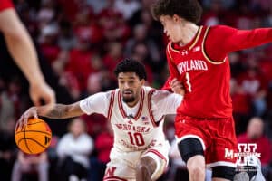 Nebraska Cornhusker guard Jamarques Lawrence (10) dribbles the ball against Maryland Terrapin guard Darius Adams (1) in the first half during a college basketball game on Wednesday, Feb. 25, 2026, in Lincoln, Nebraska.