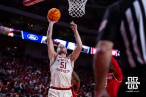 against the Maryland Terrapins in the first half during a college basketball game on Wednesday, Feb. 25, 2026, in Lincoln, Nebraska.
