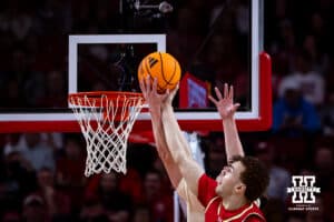 Nebraska Cornhusker forward Braden Frager (5) goes for a lay up against Maryland Terrapin forward Elijah Saunders (13) during a college basketball game on Wednesday, Feb. 25, 2026, in Lincoln, Nebraska.