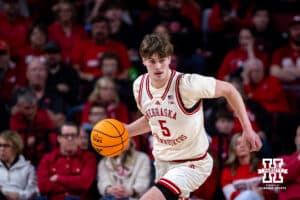 Nebraska Cornhusker forward Braden Frager (5) dribbles the ball against the Maryland Terrapins during a college basketball game on Wednesday, Feb. 25, 2026, in Lincoln, Nebraska.