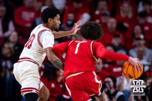 Nebraska Cornhusker guard Jamarques Lawrence (10) guards Maryland Terrapin guard Darius Adams (1) in the first half during a college basketball game on Wednesday, Feb. 25, 2026, in Lincoln, Nebraska.