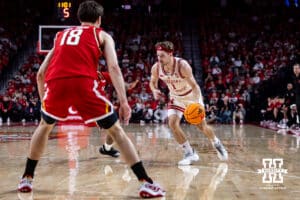 Nebraska Cornhusker guard Sam Hoiberg (1) drives to the basket against the Maryland Terrapins in the first half during a college basketball game on Wednesday, Feb. 25, 2026, in Lincoln, Nebraska.