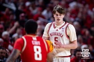 Nebraska Cornhusker forward Braden Frager (5) dribbles the ball down the court against the Maryland Terrapins in the first half during a college basketball game on Wednesday, Feb. 25, 2026, in Lincoln, Nebraska.