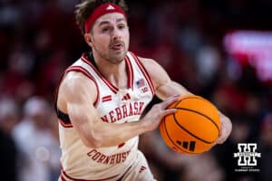 Nebraska Cornhusker guard Sam Hoiberg (1) makes a pass against the Maryland Terrapins in the first half during a college basketball game on Wednesday, Feb. 25, 2026, in Lincoln, Nebraska.