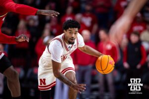 Nebraska Cornhusker guard Jamarques Lawrence (10) dribbles the ball down the court against the Maryland Terrapins during a college basketball game on Wednesday, Feb. 25, 2026, in Lincoln, Nebraska.