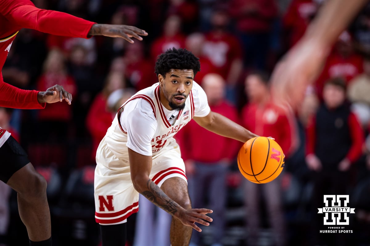 Nebraska Cornhusker guard Jamarques Lawrence (10) dribbles the ball down the court against the Maryland Terrapins during a college basketball game on Wednesday, Feb. 25, 2026, in Lincoln, Nebraska.