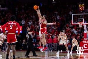 Nebraska Cornhusker forward Rienk Mast (51) and Maryland Terrapin center Collin Metcalf (45) jump for the tip-off during a college basketball game on Wednesday, Feb. 25, 2026, in Lincoln, Nebraska.