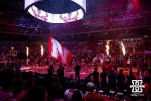 The Nebraska Cornhuskers introduce the starting lineup against the Maryland Terrapins during a college basketball game on Wednesday, Feb. 25, 2026, in Lincoln, Nebraska.
