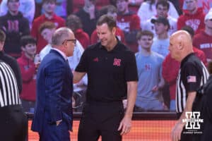 Nebraska Cornhusker head coach Fred Hoiberg and Maryland Terrapin head coach Buzz Williams shake hands and have a little talk before a college basketball game on Wednesday, Feb. 25, 2026, in Lincoln, Nebraska.