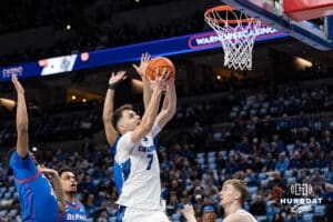 Creighton Bluejay Fedor Žugić (7) drives to the hoop during a college basketball game against DePaul on Feb 25, 2026, in Omaha, Nebraska. Photo by Brandon Tiedemann