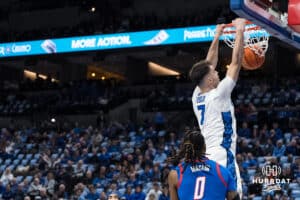 Creighton Bluejay Fedor Žugić (7) dunks during a college basketball game against DePaul on Feb 25, 2026, in Omaha, Nebraska. Photo by Brandon Tiedemann