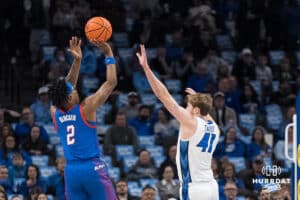Creighton Bluejay Isaac Traudt (41) contests a shot during a college basketball game against DePaul on Feb 25, 2026, in Omaha, Nebraska. Photo by Brandon Tiedemann