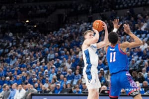 Creighton Bluejay Josh Dix (4) shoots a jump shot during a college basketball game against DePaul on Feb 25, 2026, in Omaha, Nebraska. Photo by Brandon Tiedemann