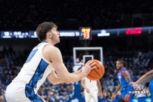 Creighton Bluejay Hudson Greer (10) looks to shoot during a college basketball game against DePaul on Feb 25, 2026, in Omaha, Nebraska. Photo by Brandon Tiedemann