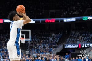 Creighton Bluejay Austin Swartz (1) shoots a three pointer during a college basketball game against DePaul on Feb 25, 2026, in Omaha, Nebraska. Photo by Brandon Tiedemann